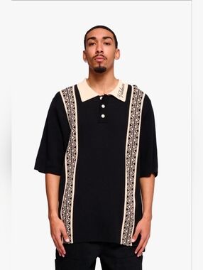 NEW!! Valabasas Black and Cream Short-Sleeve Polo Shirt W/ Ebroidered Collar,NWT